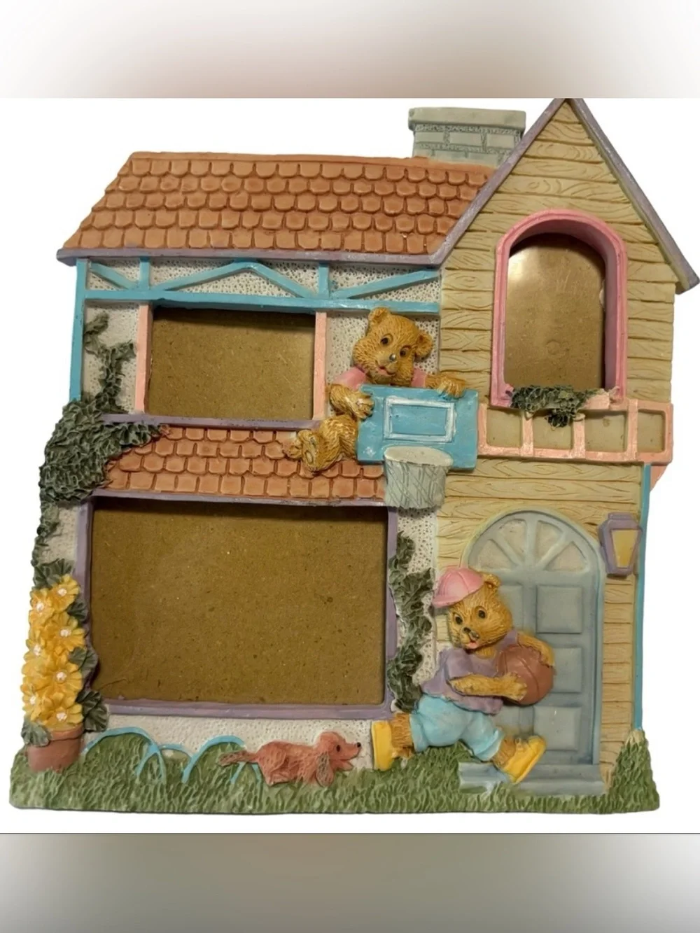 Vintage 3D Resin Cottage House Triple Photo Frame Teddy Bears & Puppy